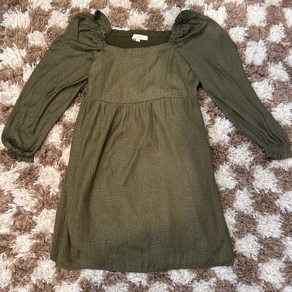 LOFT Olive Green Mini Dress with Puff Sleeves